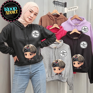 HOODIE CROP WANITA BTS CHIBI TINY TAN BAHAN FLEECE ALL MEMBER BONUS TOPI 10 ORANG PERTAMA YANG MEMBE