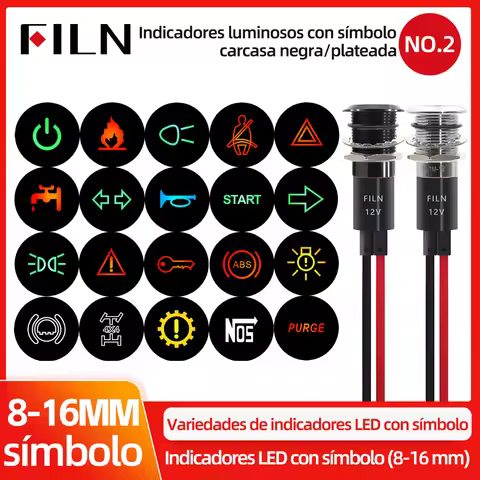 FILN 12V Led Pilot Light Metal Indicator 8mm 10mm 12mm 14mm 16mm 19mm with Wire Symbol for Car Dashb