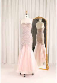 Gaun Pengantin Putri Duyung Desain Vintage Mewah untuk Wanita Warna Merah Muda Nude Tanpa Lengan den