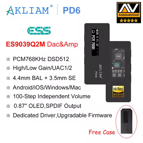 (Andy 5-Star) AkLIAM PD6 ES9039Q2M USB DAC OLED Display Hifi Portable Dac & Amp 3.5mm 4.4mm Headphon