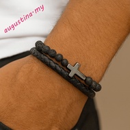 AUGUSTINA Lava Rock Bead Bracelet, Black Magnetic Double-Row Braided Bracelet, Men Bracelet Leather 