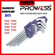 PROWESS 9PCS TORX HEX STAR KEY SET PW25-7004 CR-V T10 ~ T50