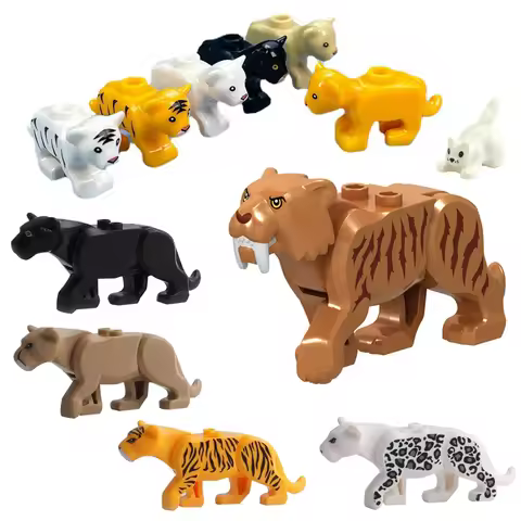 Cats Animal Parts MOC Jungle Beast Building Blocks Zoo Pet Bricks Toys Kit Saber-Toothed Tiger Lion 