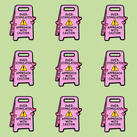 9pcs/Set Mental Health Enamel Pin Pink Caution Warning Sign Brooch Pines Lapel Pins Badge on Backpac