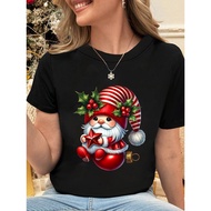Women'S Christmas Gnome & Star Print T-Shirt - Cute Santa Hat & Red & Striped Gnome with Golden Star