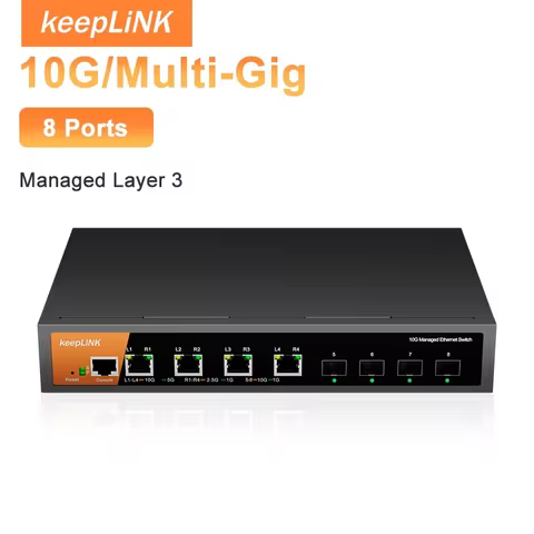KeepLiNK 8 Port 10G/Multi-Gig L3 Managed Ethernet Switch with 4 x RJ45 and 4 x SFP+ Desktop/Wall-Mou