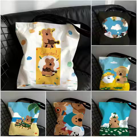 Cute Cartoons D-Dinotaeng Storage Bags Large Capacity Canvas Tote Bag Double-Sided Print Shoulder Ha