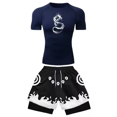 2PCS Men's Anime Gym Set Dragon Compression Shirt & 3D Printed 2-in-1 Shorts Workout Suit Fitness Sp