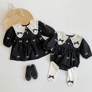 [Uzfkids] Korean Sisters Outfit|Bowknot Embroidered Dress+Baby Girl Onesie