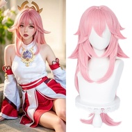 Yae Miko Cosplay Wig for Women Girls, Pastel Pink Women Long Costume Wig with Wig Cap