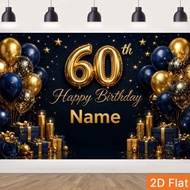60th Navy Gold Foil Number Happy Birthday Custom Name Photographic Backdrop Balloon Star Candle Gift