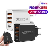 อะแดปเตอร์ PD QC 4พอร์ต USB ชนิด C ปลั๊กชาร์จสำหรับ iPhone iPad Samsung Google Tablet Android