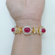 ชุดสร้อยคอ มือ หู พลอยสีทับทิมหลังเบี้ยล้อมเพชร CZ คางหมูคั่นกลีบมาคี ชุบทองไมครอนหน้าทองคำขาว (แยกซ