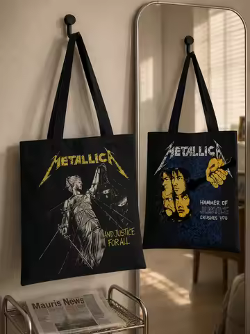 Metallica Rock Band Polyester Tote Bag, Vintage Music Print Canvas‑Style Large Casual Shopping Shoul