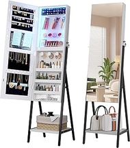 LVSOMT 3 LEDs Mirror Jewelry Cabinet, 42.5" Jewelry Mirror with Full Lenght Mirror, Standing Jewelry Mirror Armoire, Mirror with Storage for Jewelry Cosmetics, White