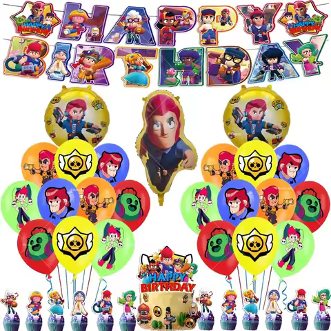 Brawl Stars Balloons Happy Birthday Banner Game Party Decoration Background Cake Topper Stickers Dis