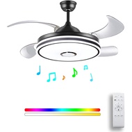 Retractable Ceiling Fan with Light with Bluetooth Speaker Color Changing 36W 42 Inch Music Invisible Blades Hidden
