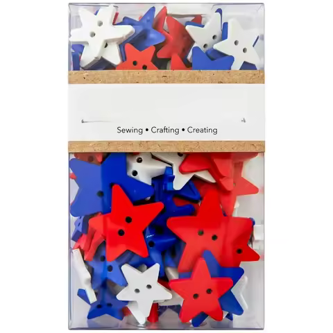 Value Red White Blue Assorted Size Stars Sew Thru Buttons, 31/2 Ounces