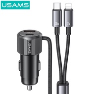 USAMS 66W Dual Ports USB A+C Car Charger with 2-in-1 USB C+Lightning Port Cables Multifunctional 4-P