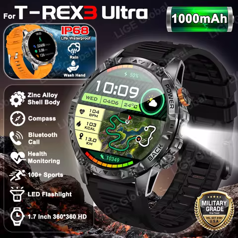 LIGE New Military For T-Rex 3 Ultra Smart Watch 1000mAh Battery IP68 Waterproof Compass Flashlight S