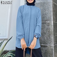 ZANZEA เสื้อผ้ามุสลิมผู้หญิงมุสลิมรายาปุ่มแขนยาวพัฟเดินทางกระเป๋าด้านข้างแฟชั่นเสื้อเชิ้ตพื้น