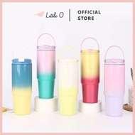 LITTLE O - Macaroon Tumbler Gradient Tumbler With Handle 890ml Aesthetic Tumbler Stainless Steel Lea