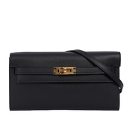 【HERMES 愛馬仕】金釦 Epsom皮 Kelly To Go 皮夾式斜背包_展示品(黑色)/ 平行輸入
