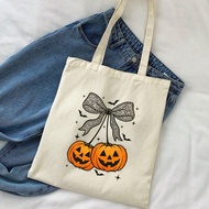 ถุงผ้าคาดไหล่ลาย Halloween Element Casual Simple ง่ายๆ, ผูกโบว์, ลายฟักทอง, กระเป๋าคาดไหล่, กระเป๋าผ