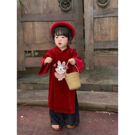 Velvet Ao Dai with Rabbit Embroidery Includes Ao Dai + Pants + Baby Dress