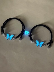 2 piezas/set Pulsera moda brillante en oscuro magnético con diseño de corazón y mariposa para pareja para regalo