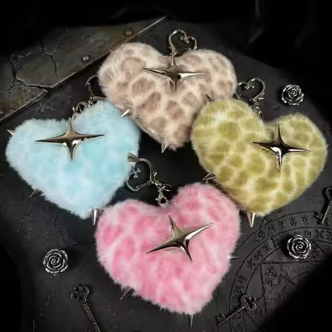 Fluffy Leopard Heart Keychain Metal Spikes Star Plush Heart Bag Charm Cyber Y2K Punk Key Ring Purse 