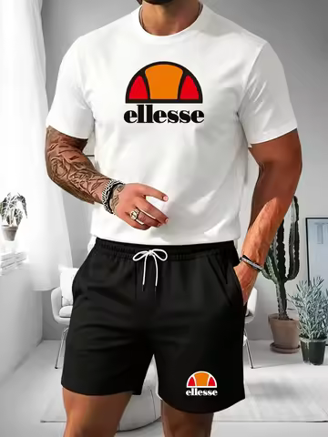 Ellesse Men's Summer Casual Sports Set Short Sleeve T-Shirt + Shorts Two-Piece Trendy Print Breathab