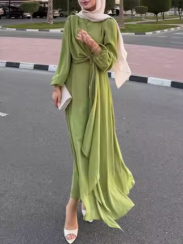 Dubai Modest Dress Women Casual Lace-up Abaya Muslim Dubai Eid Ramadan Jalabiya Dubai Long Robe Moro