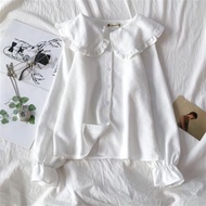 ☸ APEIXIN Vintage Corduroy Doll Collar White Shirt Women Blouse Putih Murah Labuh Long Sleeve Loose 