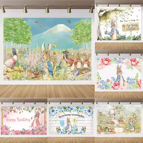 Cartoon Rabbit Peter Garden Kids Birthday Party Backdrop Rabbit Flower Carrot Cake Table DecorGift B