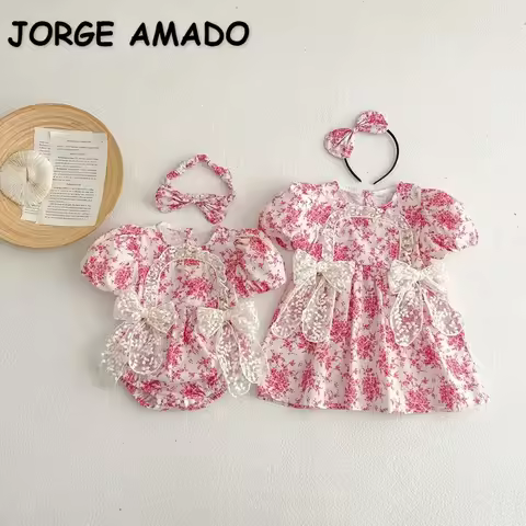 New Summer Family Matching Outfits Baby Girl One-piece Short Sleeved Lace Bow Bodysuit/Floral Dress 