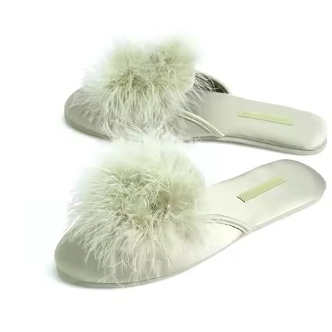 Sweet Pink Green Ostrich Fur Flat Slipper Leisure Slip On Smooth Silk Slide Woman Bird Fur Comfortab