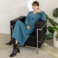 OB Temperament V-Neck Waist Drawstring Crinkle Long Dress < DA9471 >