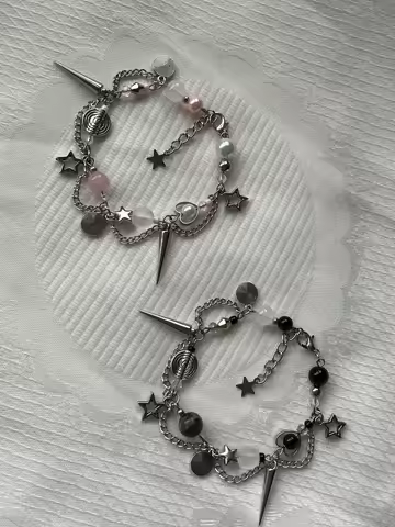Matching Chain Detailed Bracelets, Y2K Grunge Bracelet, Black Pink Bracelet, Aesthetic Beaded Bracel