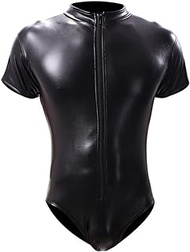 Men's Zipper Faux Leather One-piece Short-sleeved Shirt Patent Leather Jumpsuit Shopee