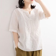 2024夏季新款纯棉绣花套头衬衫女复古短袖V领上衣女棉麻纯色大码2024 Summer New Cotton Embroidered Head Lininghgjfhgjf98r.my20241224