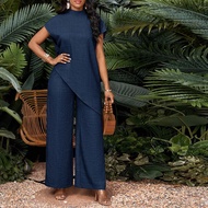 2025 New Women's Vacation Casual Solid Color Asymmetric Hem Top And Pants 2 Pieces Set Fall Clothes 