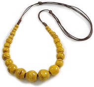Dusty Yellow Graduated Ceramic Bead Brown Silk Cords Necklace/58cm to 70cm L/Slight Variation In Col