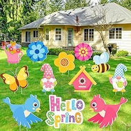 Amyhill 12 Pcs Hello Spring Outdoor Yard Decoration Flower Gnome Garden Lawn Stake Signs with Stakes