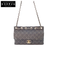 香奈兒 10 號海軍藍靛藍閃亮牛仔布金色五金絎縫雙鏈肩背包 W25 [二手]