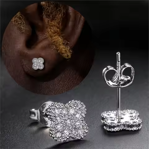 Shiny Four Leaf Clover Petal Earrings For Women Men Hip-hop Iced Out CZ Silver Color Stud Earings Ac