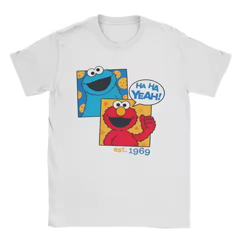 Sesames Streets Cookie Monster and Elmo T-Shirt Men's Cotton Tops Funny O-neck Short Sleeve