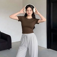 PLATINUM WORLD Crop Top Knit Plain O Neck Fit Body - Women's Plain Shirt I4