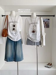 94166 Cartoon Kitten Print Round Neck Loose White T-Shirt