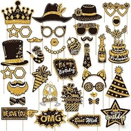 38 Pcs Birthday Photo Booth Props Kits Graduation New Year Wedding Party Favors Black and Gold 40th 